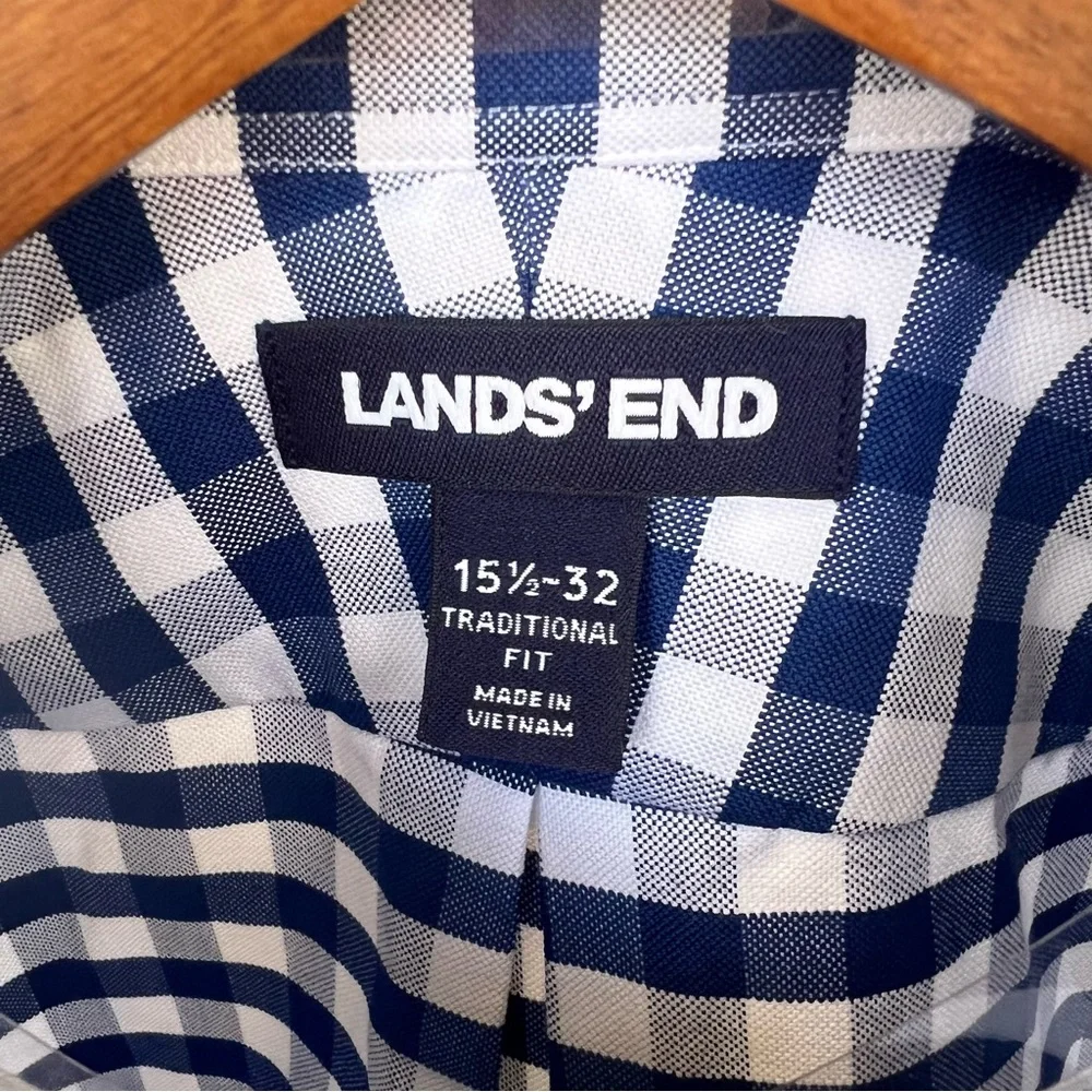 Lands’ End 15 1/2-32 Traditional Fit Navy Checked Button Long Sleeve Dress Shirt